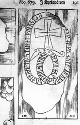 Teckning från 1600-talet av en försvunnen runristning vid Sorunda kyrka SLM M025599 — Unknown author Unknown author; Sörmlands Museum: https://sokisamlingar.sormlandsmuseum.se/objects/c24-362150/. Public Domain Mark 1.0