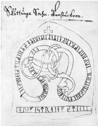 Upplands runinskrifter 1116 — Johannes Bureus; https://www.raa.se/runinskrifter/sri_uppland_b09_h02_text_2.pdf. Public Domain Mark 1.0
