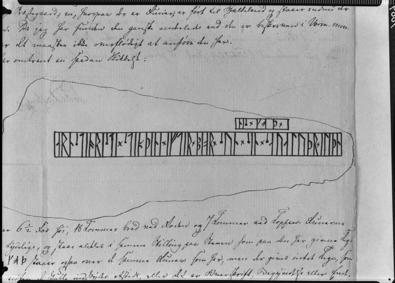 Tegning av runer, Paul Lassen 1821. Galtelandsteinen.