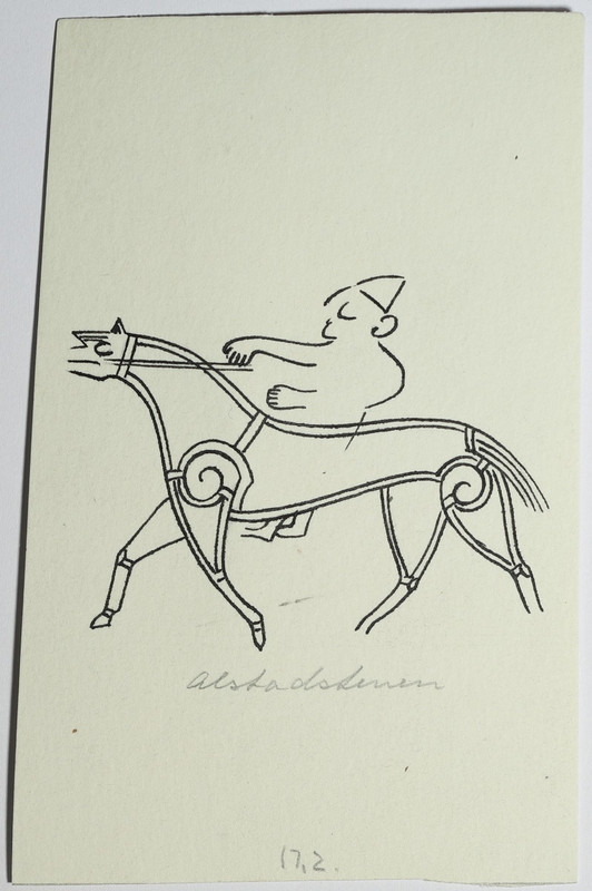 Individuelt motiv hest og rytter fra billedsten med flere motiver.
Notat:
Illustration from, Grieg, Sigurd. Gjermundbufunnet en høvdingegrav fra 900-årene fra Ringerike. Vol. 8. Universitetets oldsaksamling, 1947.