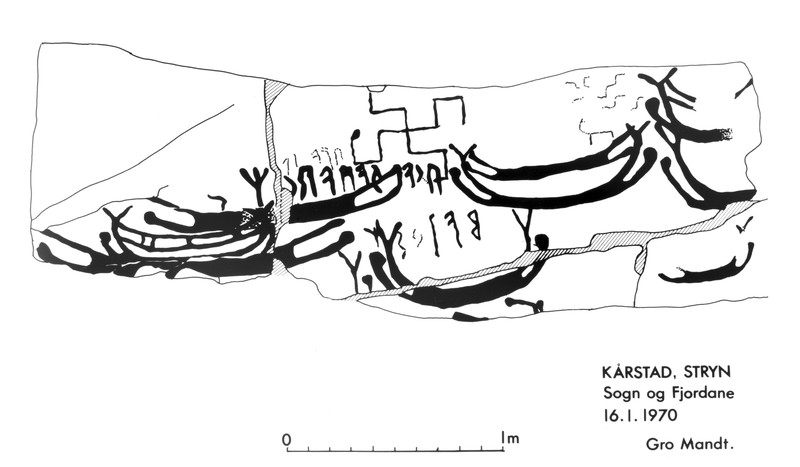 Kårstadsteinen, Helleristning kalkering
Kalkering av Gro Mandt Larsen 1970